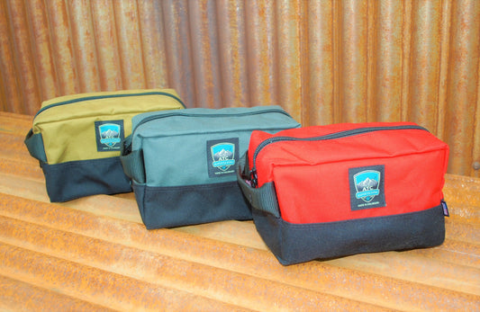 Handmade in Colorado USA, Dopp Kit, Toiletry Kit, Accessories Bag, Tan, Gray, Red