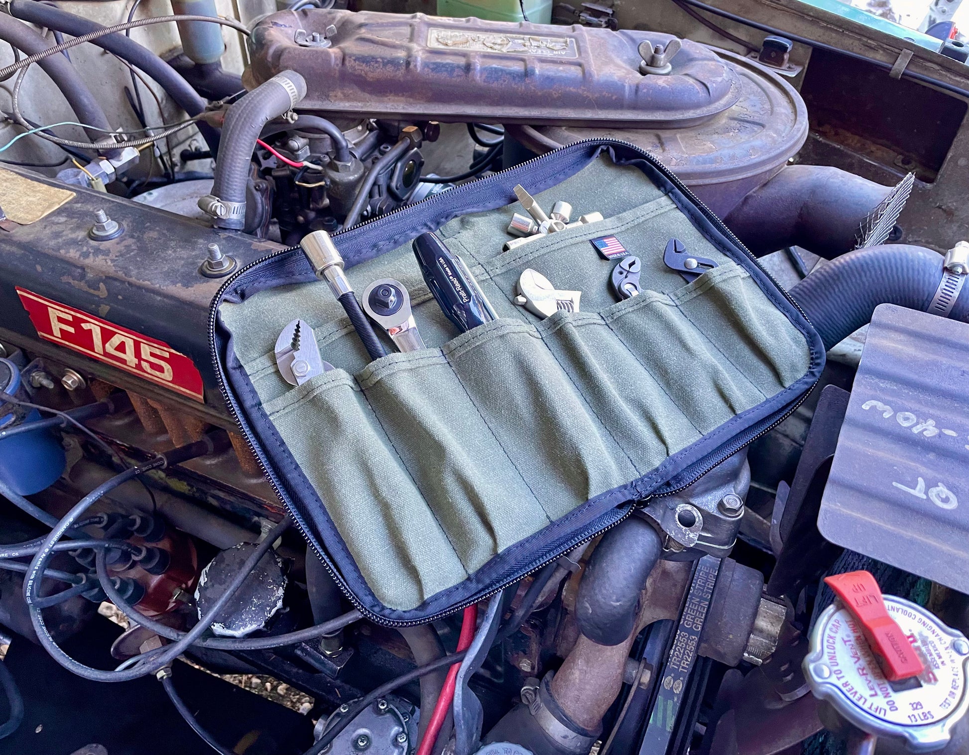 Handmade in Colorado USA, The Mini Small Tool Organizer for Vehicles, Green Waxed Canvas